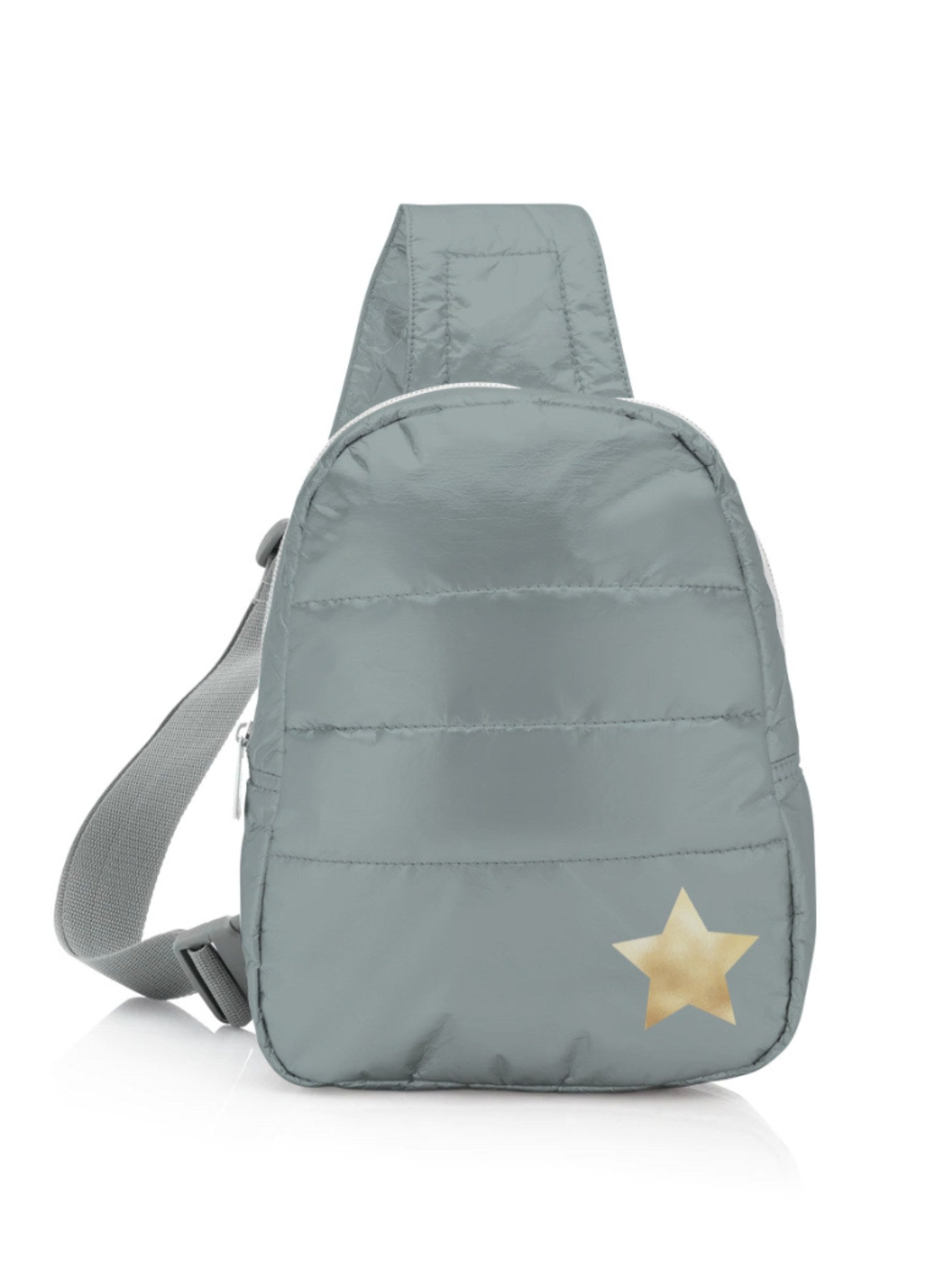 Puffer Crossbody Backpack in Shimmer Gray with Golden Beige Star
