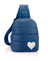 Crossbody Backpack Sling Bag Shimmer Navy Silver Heart on White Background