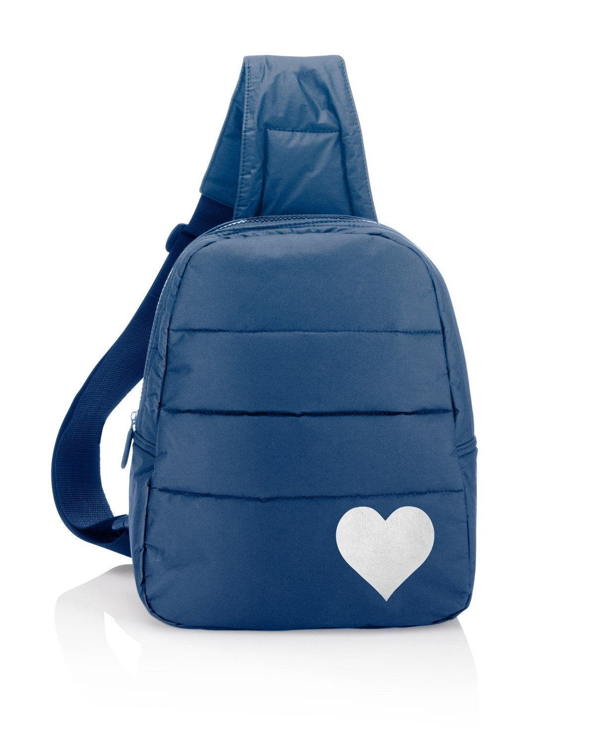 Crossbody Backpack Sling Bag Shimmer Navy Silver Heart on White Background