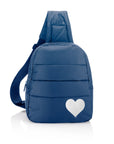 Crossbody Backpack Sling Bag Shimmer Navy Silver Heart on White Background