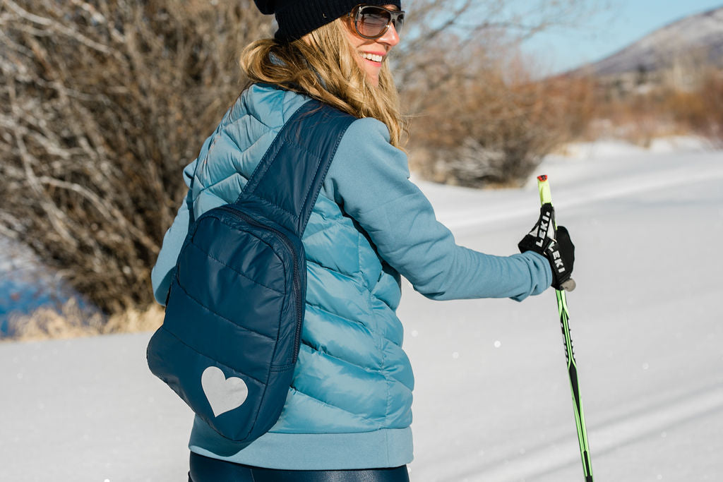 Puffer Crossbody Backpack in Shimmer Navy with Silver Heart