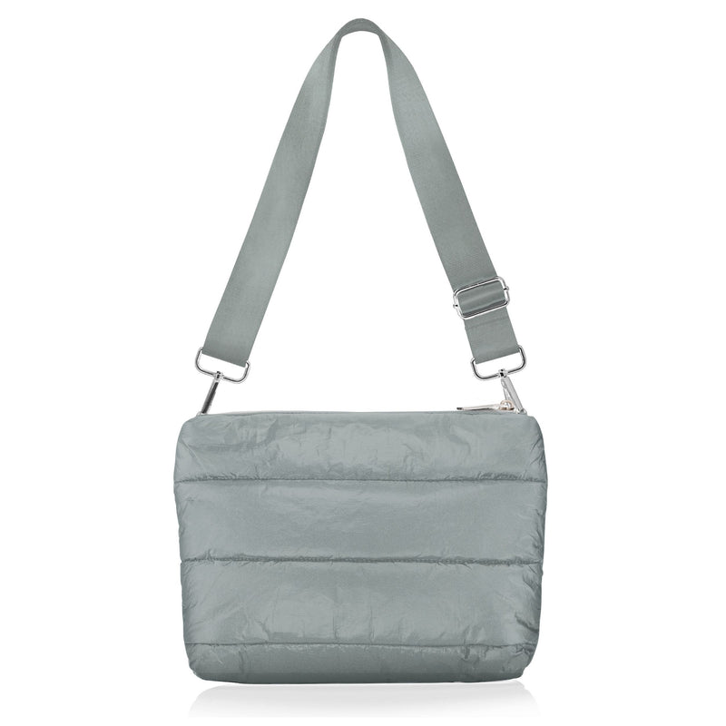 puffer crossbody bag in shimmer gray