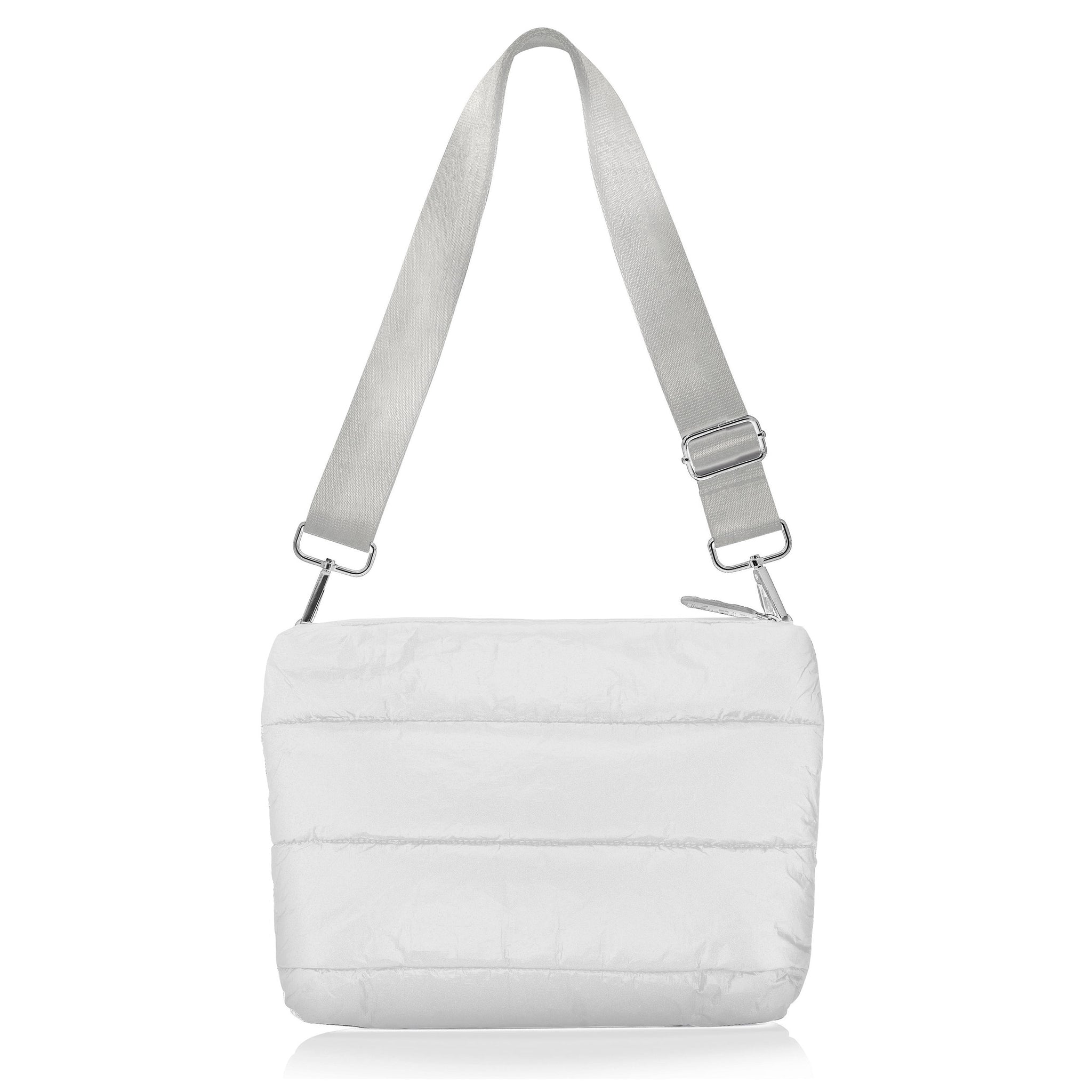 crossbody puffer purse in shimmer white