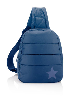 Puffer Crossbody Backpack in Shimmer Navy with Tone on Tone Star