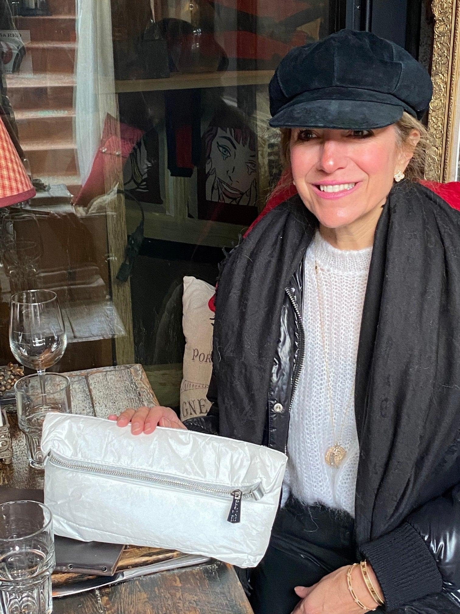 puffer clutch handbag in shimmer white