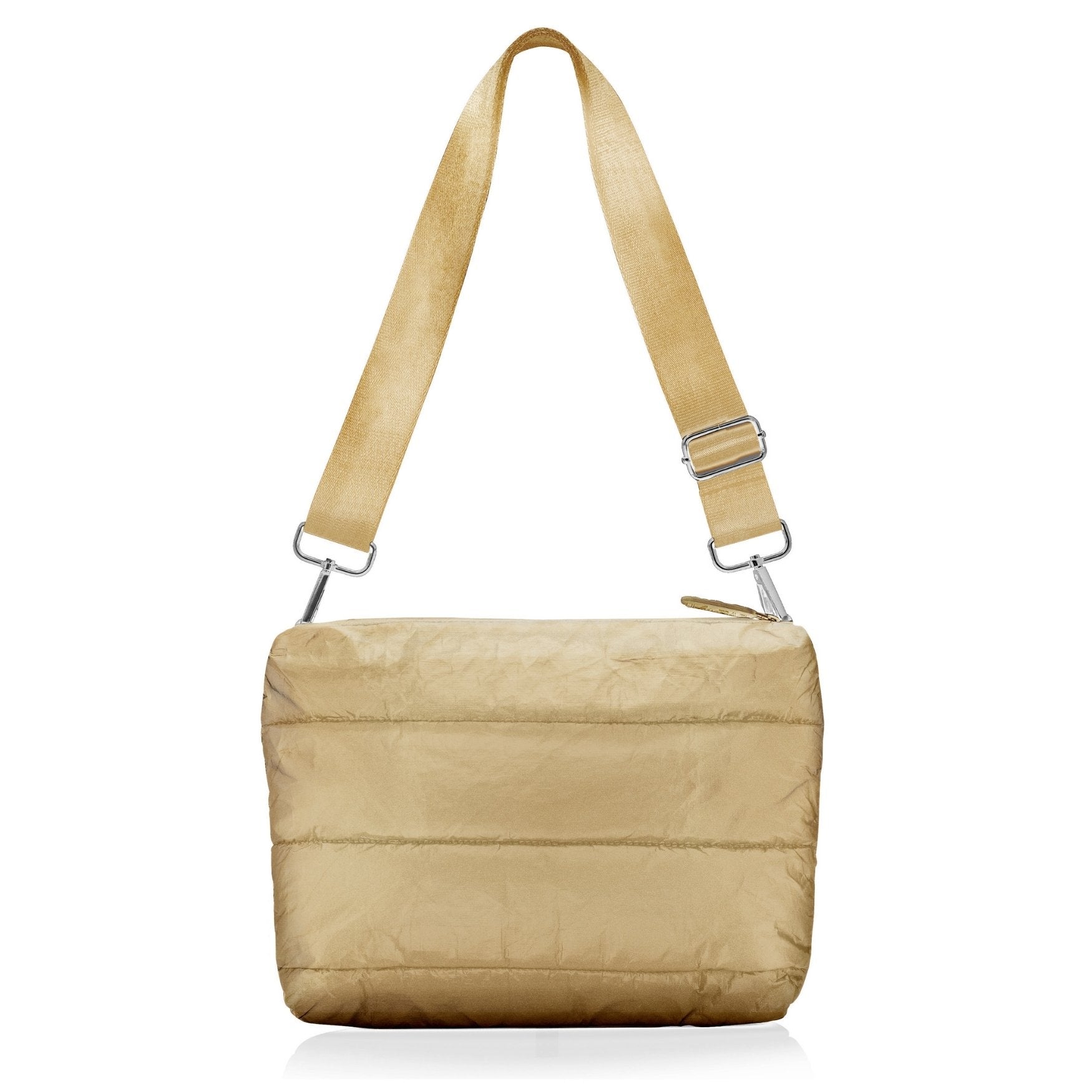 gold crossbody puffer purse handbag on white