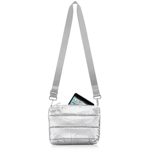 silver crossbody puffer purse with iPad