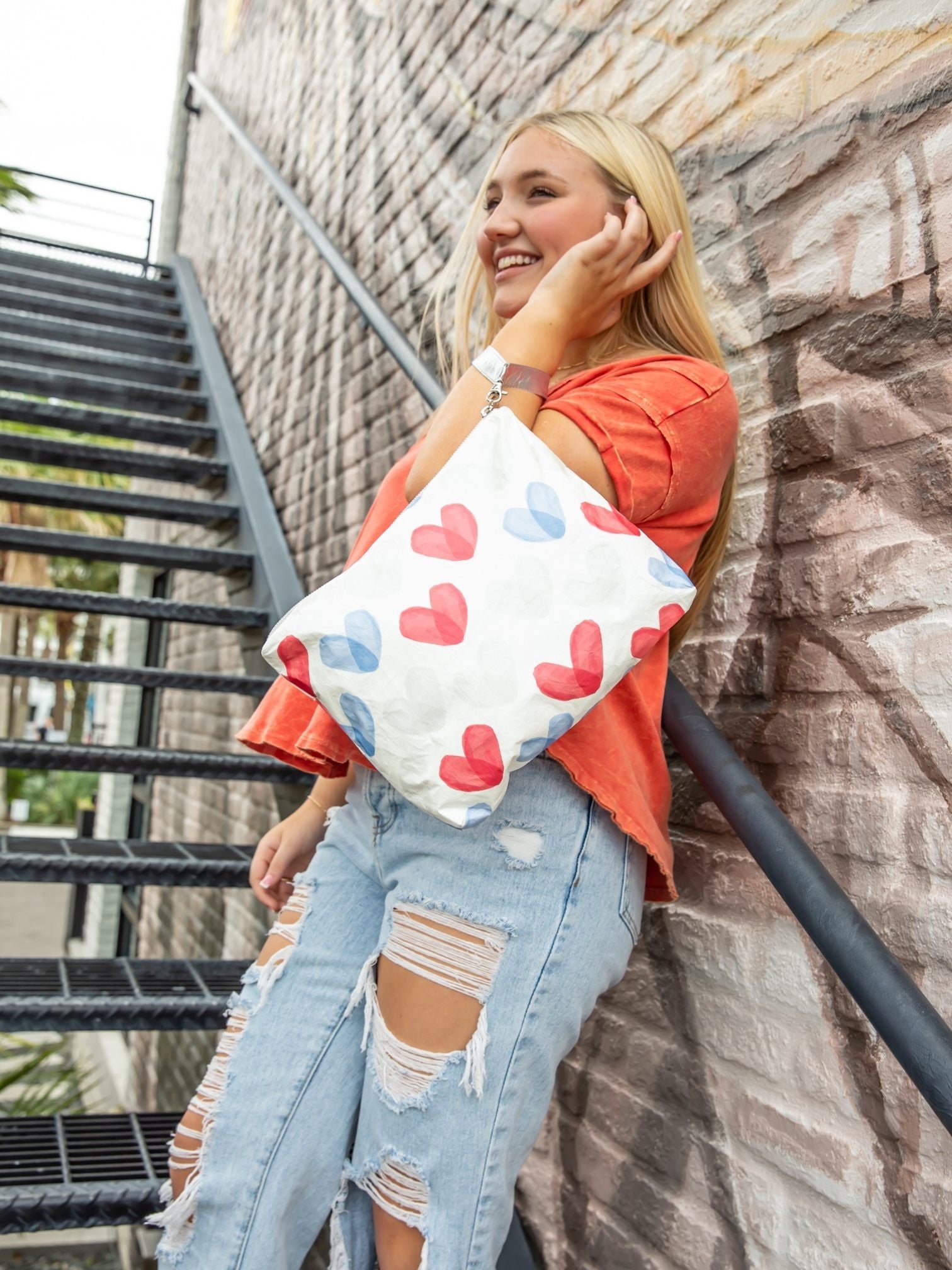 Medium Zipper Pouch in the "Language of Love" Red, White, &amp; Blue Heart Print