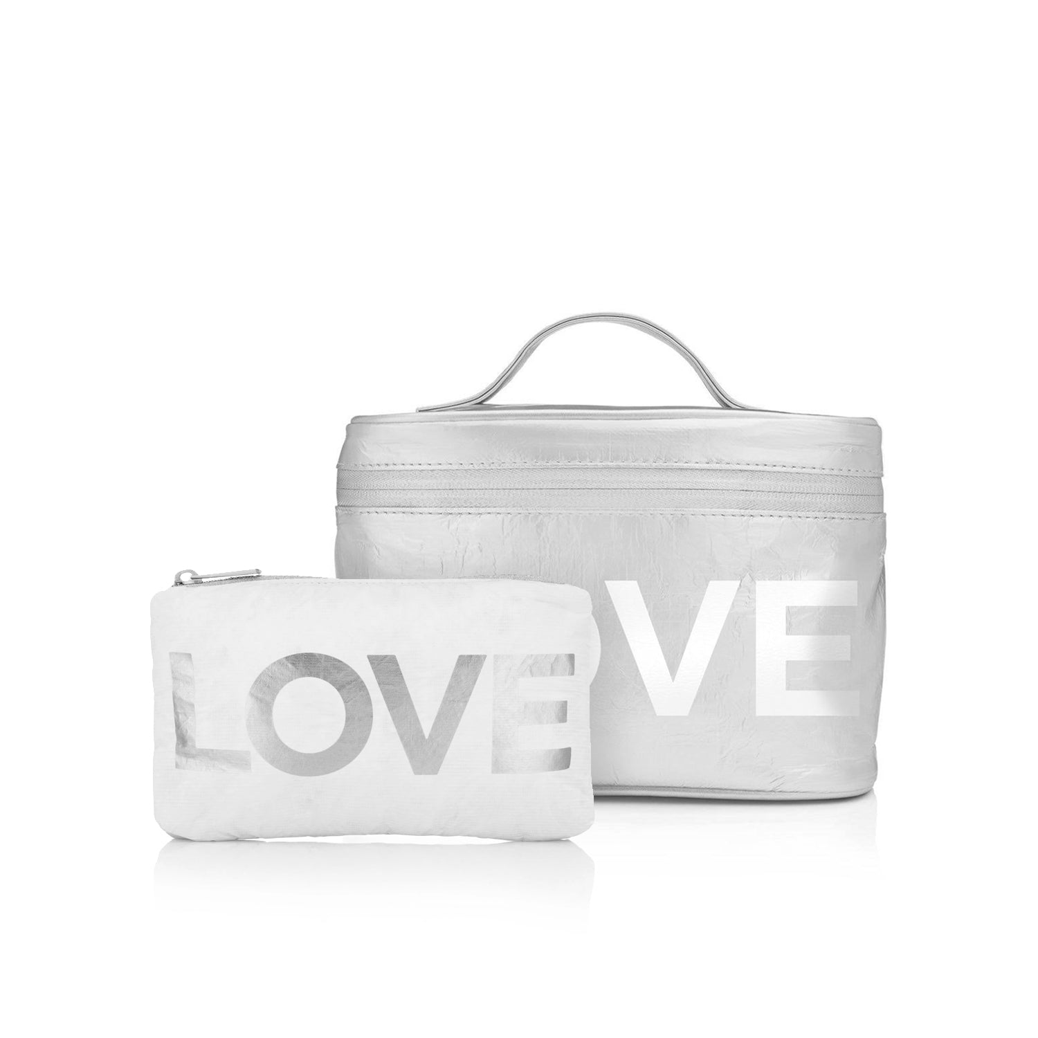 Love Shines Set of Two - Cosmetic Case or Lunch Box and Mini Padded Pack in Silver and White