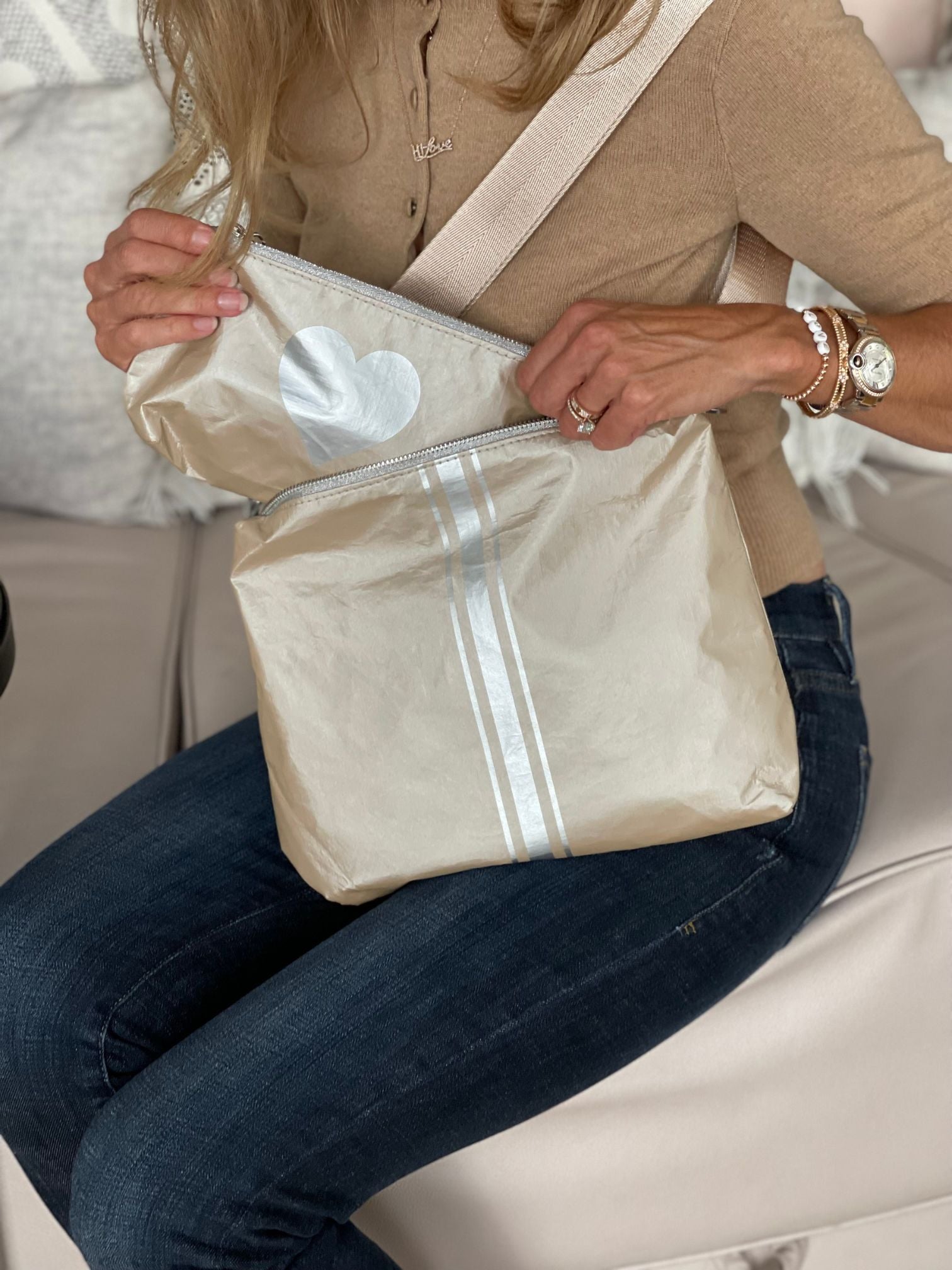 Crossbody Purse in Golden Shimmer Beige with Silver Stripes