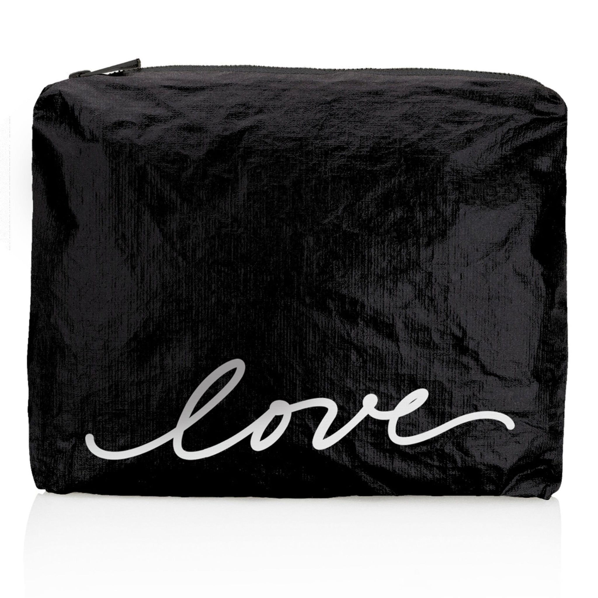 Medium Zipper Pack in Shimmer Black with White Script "love"