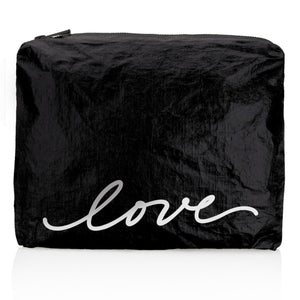 Medium Zipper Pack in Shimmer Black with White Script "love"