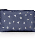 A navy blue travel pouch with a star pattern and a zipper on white background