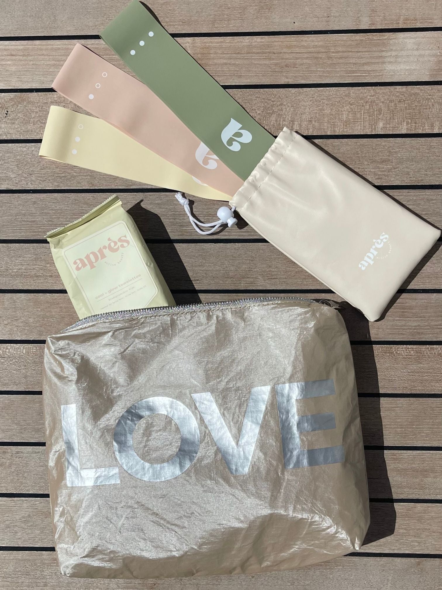 Medium Zipper Pack in Golden Shimmer Beige with Silver "LOVE"