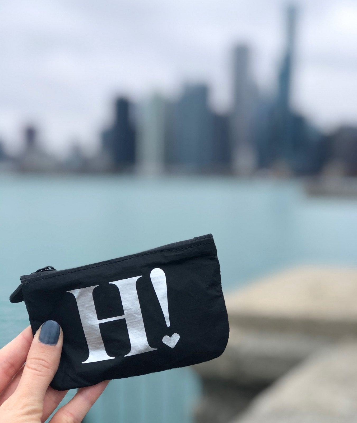Hand holding the black H! Card Pouch with a city skyline and water in the background
