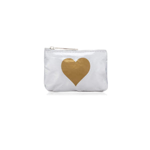 Silver Zipper Pouch with gold heart to hold gift cards, credit cards, change, ear buds, band-aids, jewelry and more tiny things.