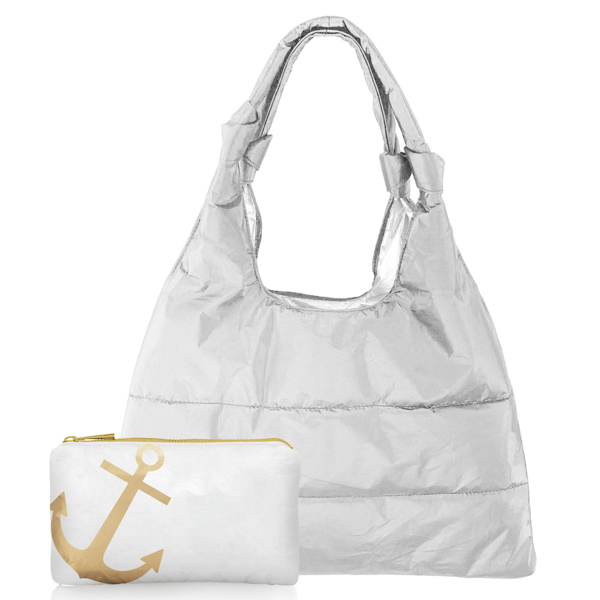 Set of Two - Everyday Puffer "Knot" Purse Tote Essentials in Shimmer White & Gold