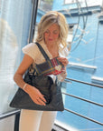 Shimmer black everyday puffer tote purse with mini zipper pack in plaid