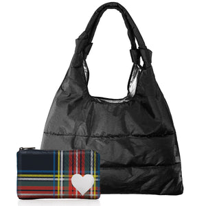 Set of Two - Everyday Puffer "Knot" Purse Tote Essentials in Shimmer Black and Plaid