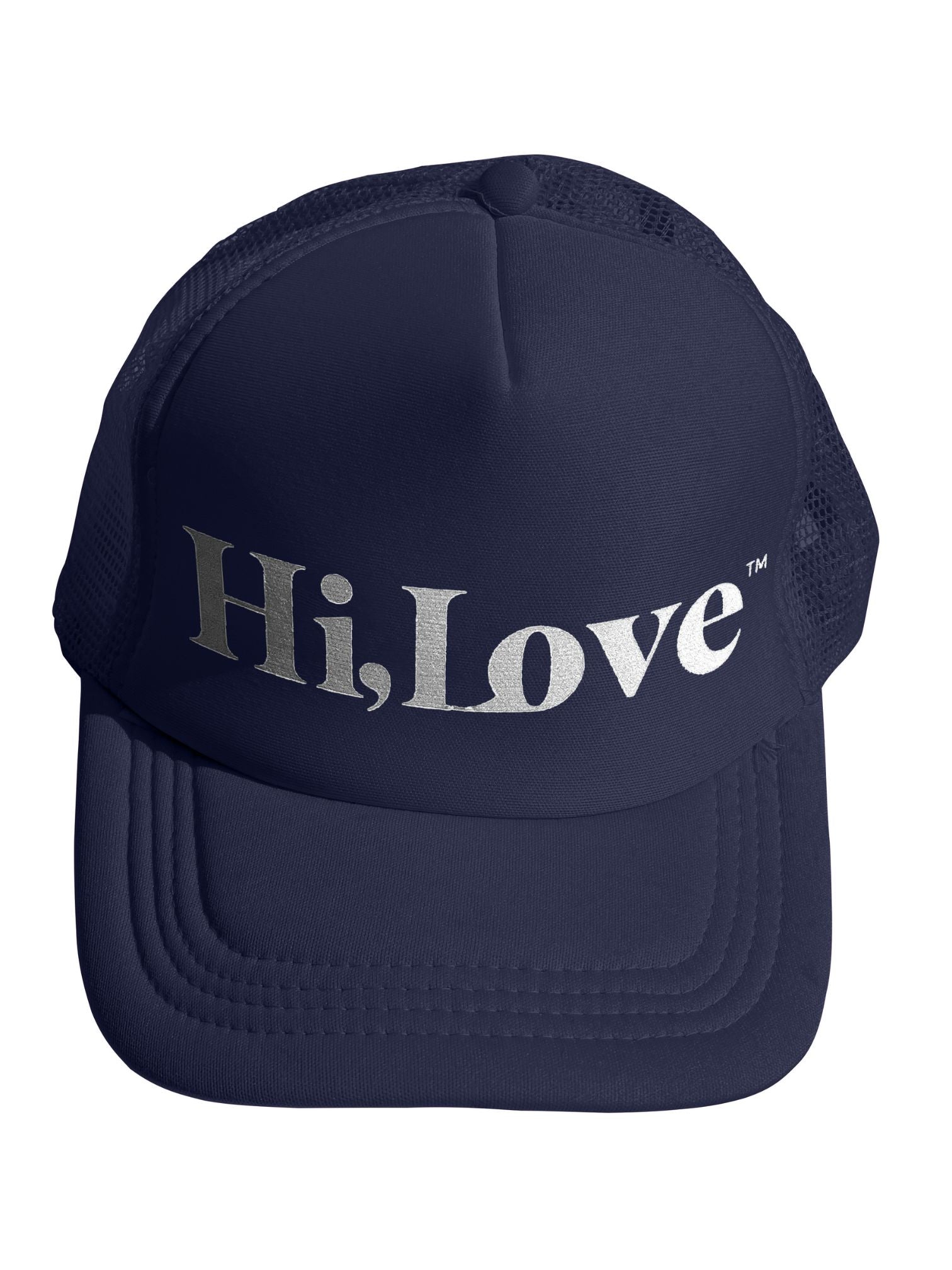 navy blue baseball hat with silver "hi, love"