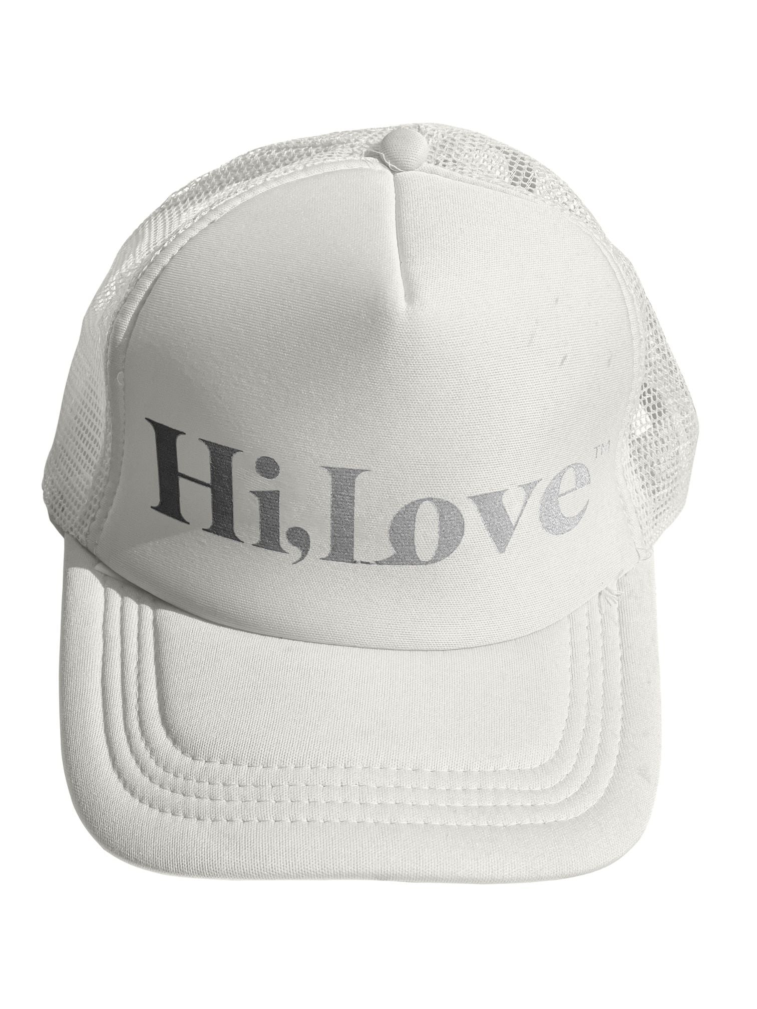 white baseball hat with silver "hi, love"