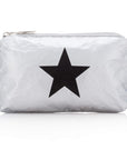 A silver travel pouch with a black star design and a zipper.