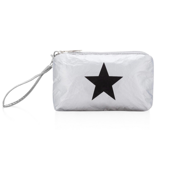 Zip Wristlet Pack in Silver with Black Star - Detachable Strap