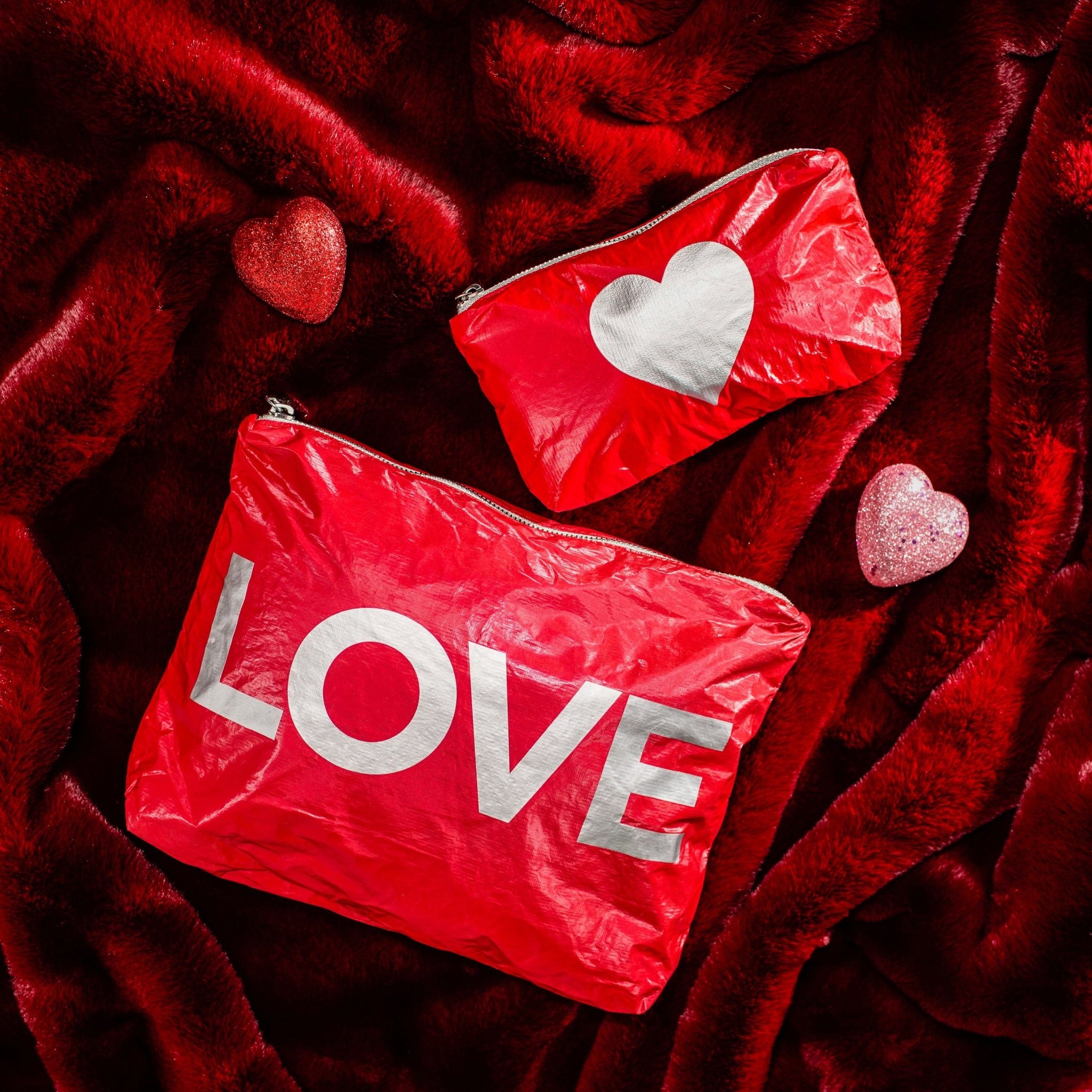 Organizational packs in red with silver "LOVE" and heart
