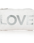 Mini padded zipper pack in shimmer white with silver "LOVE"