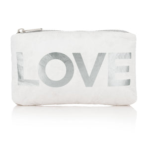 Mini padded zipper pack in shimmer white with silver "LOVE"