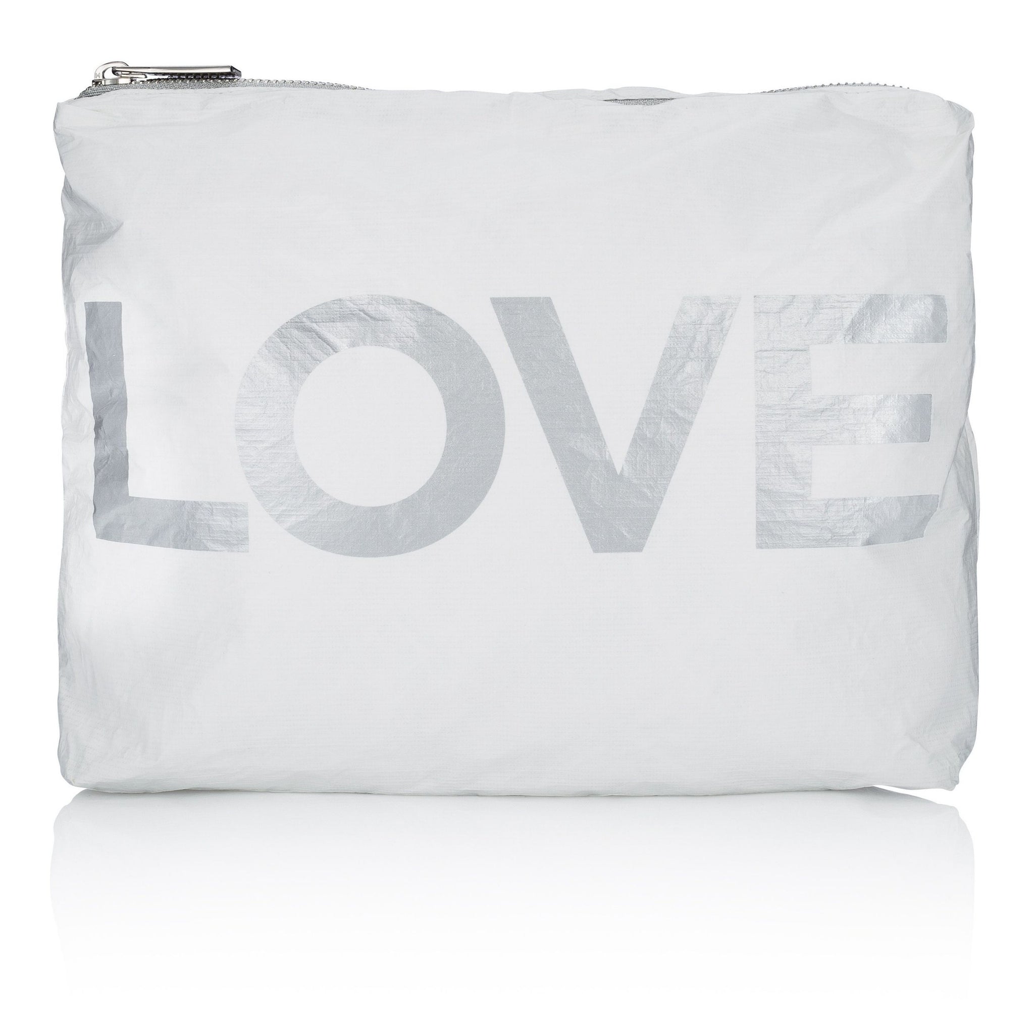 Shimmer white with silver "LOVE" medium zipper pack