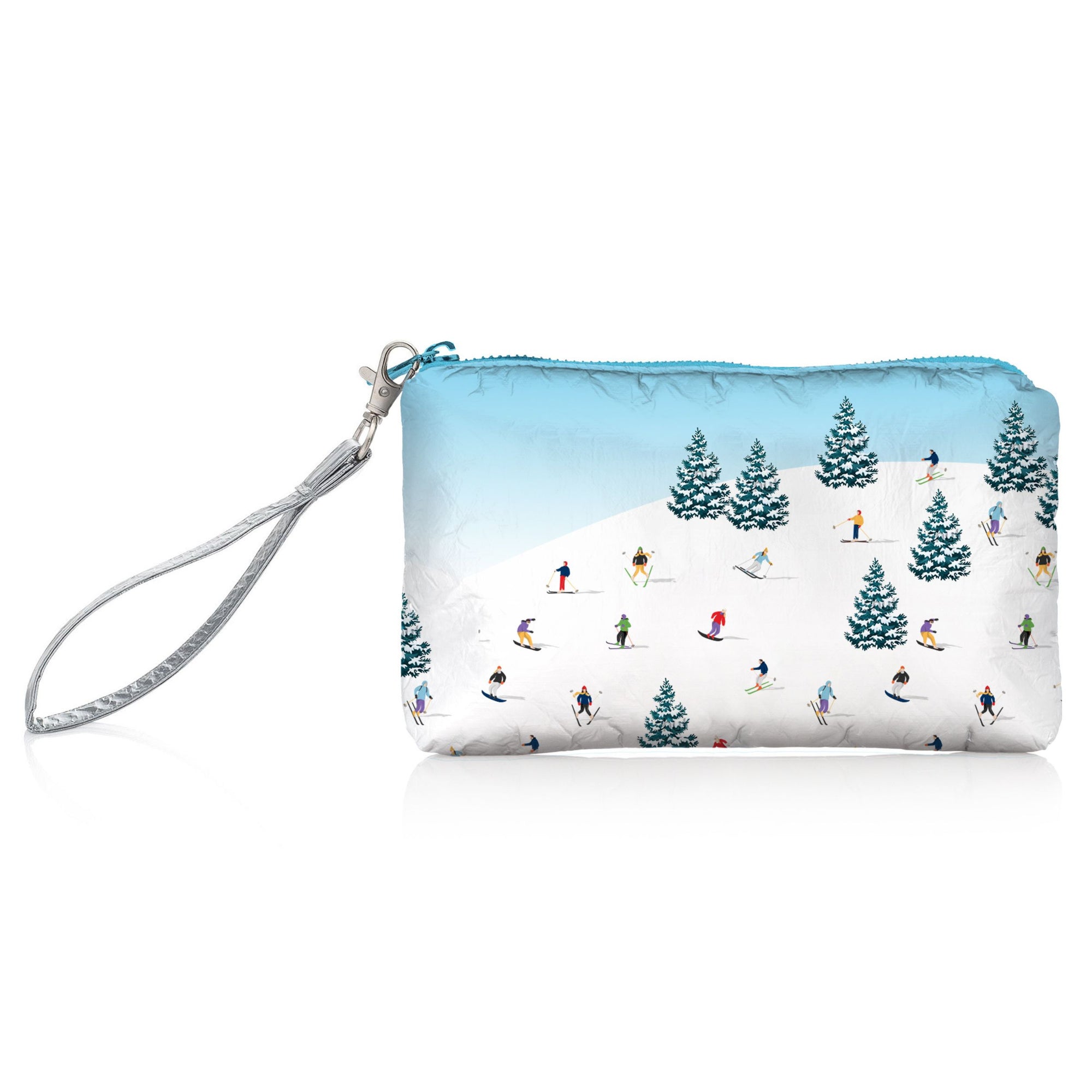 wristlet with skiers and snowboarders and trees pattern