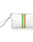 Zip Wristlet in Shimmer White with Colorful Green, Yellow, and Pink Stripes