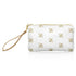 Zip wristlet in shimmer white with busy bee pattern on white background