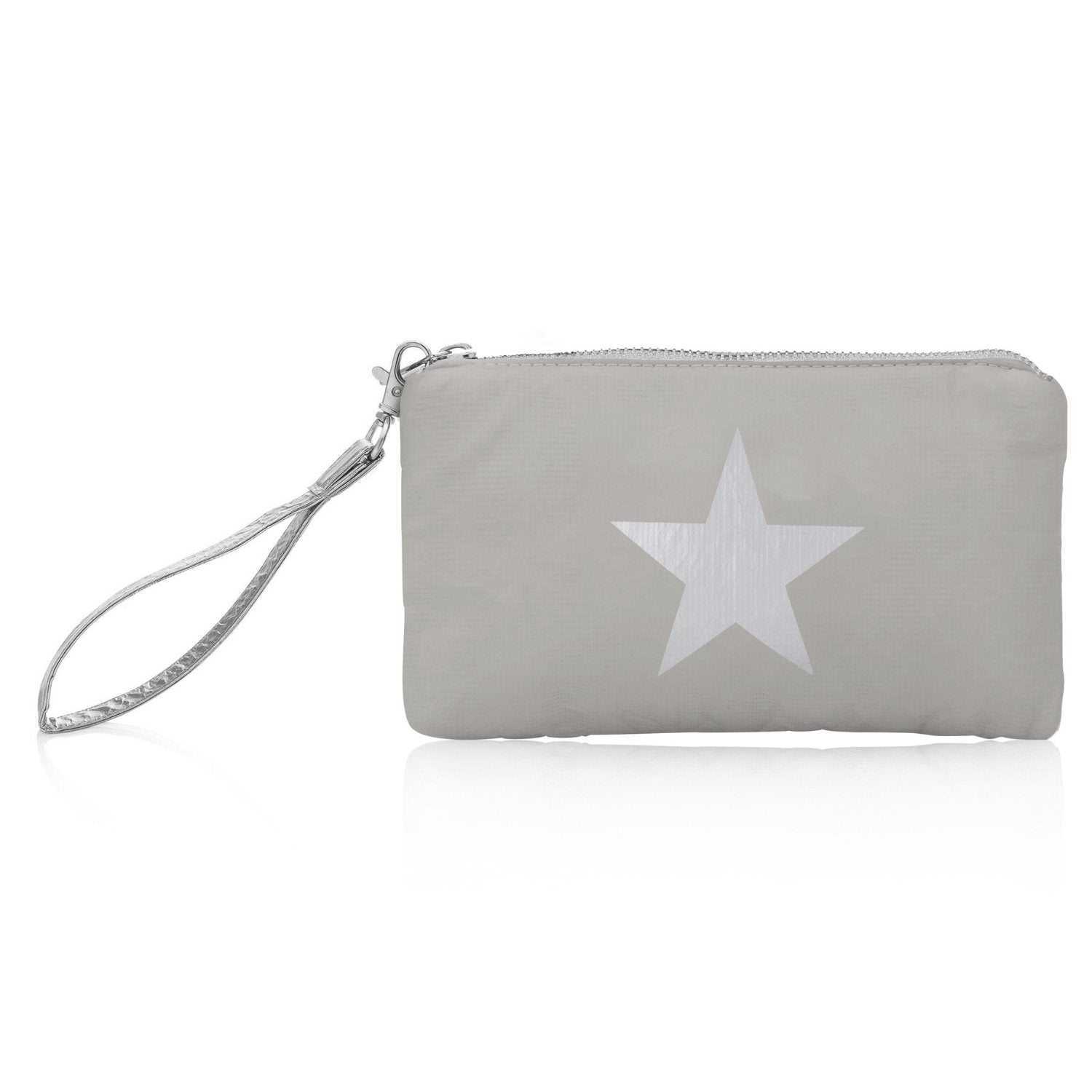 zip wristlet in gray with silver star