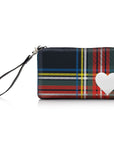 Zip wristlet in holiday plaid with a white heart on white background