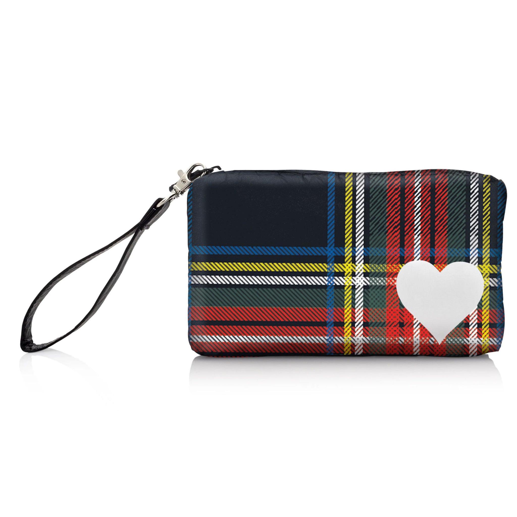 Zip wristlet in holiday plaid with a white heart