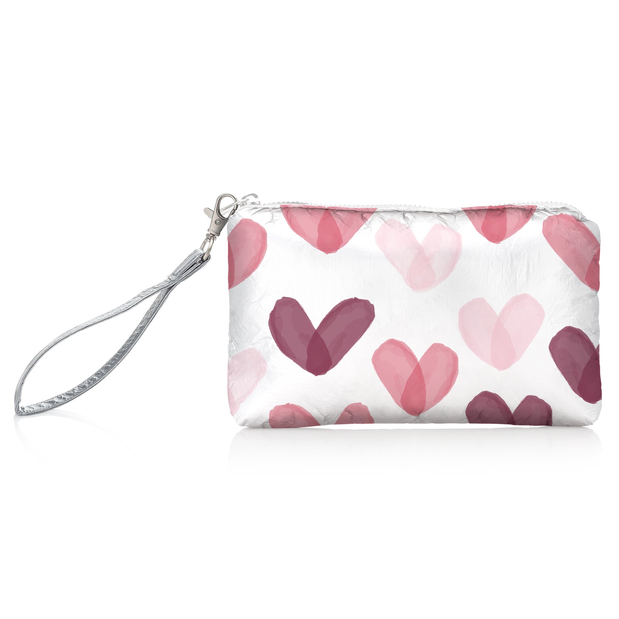 White zip wristlet with multicolored pink hearts and silver wrist strap on white background