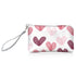 White zip wristlet with multicolored pink hearts and silver wrist strap on white background