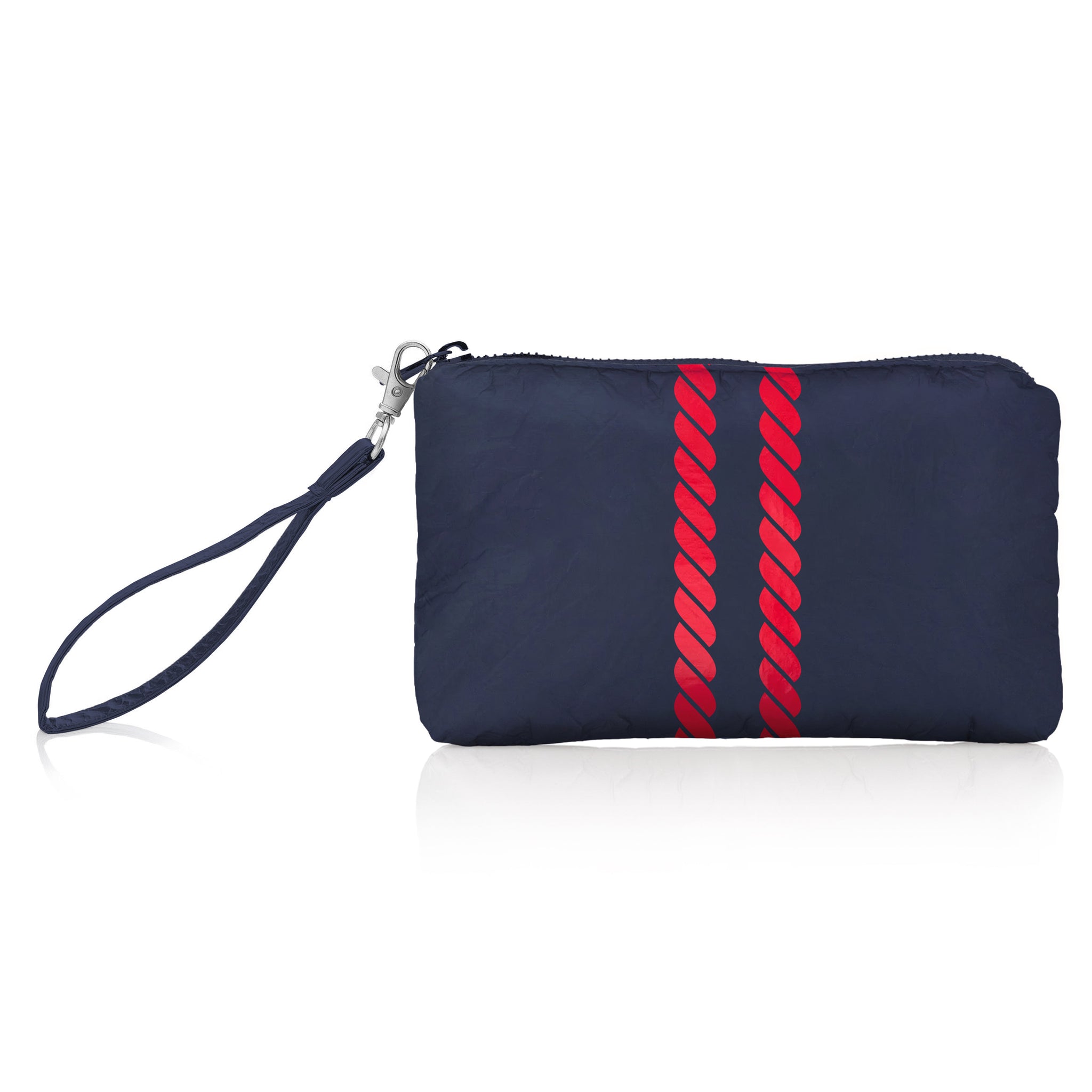 nautical navy blue zipper wristlet with red stripes