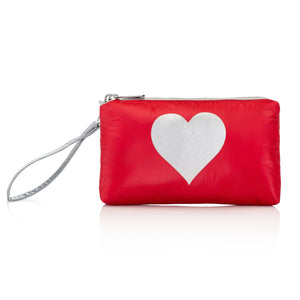 Zip wristlet in crimson red with a silver heart