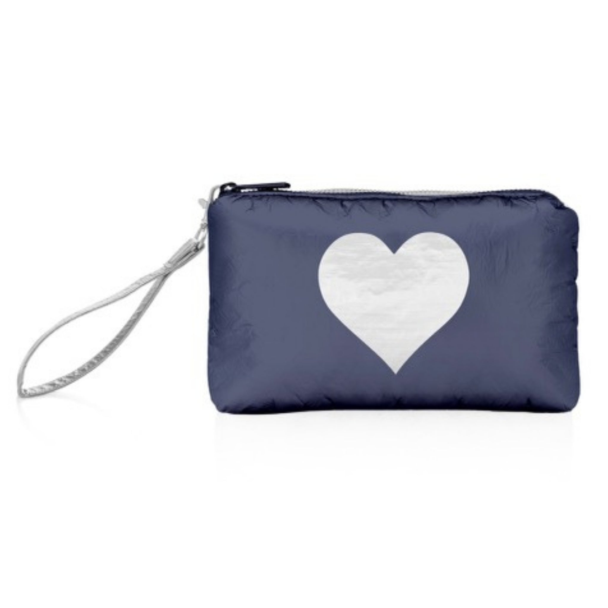 Zip Wristlet in Shimmer Navy with Silver Heart