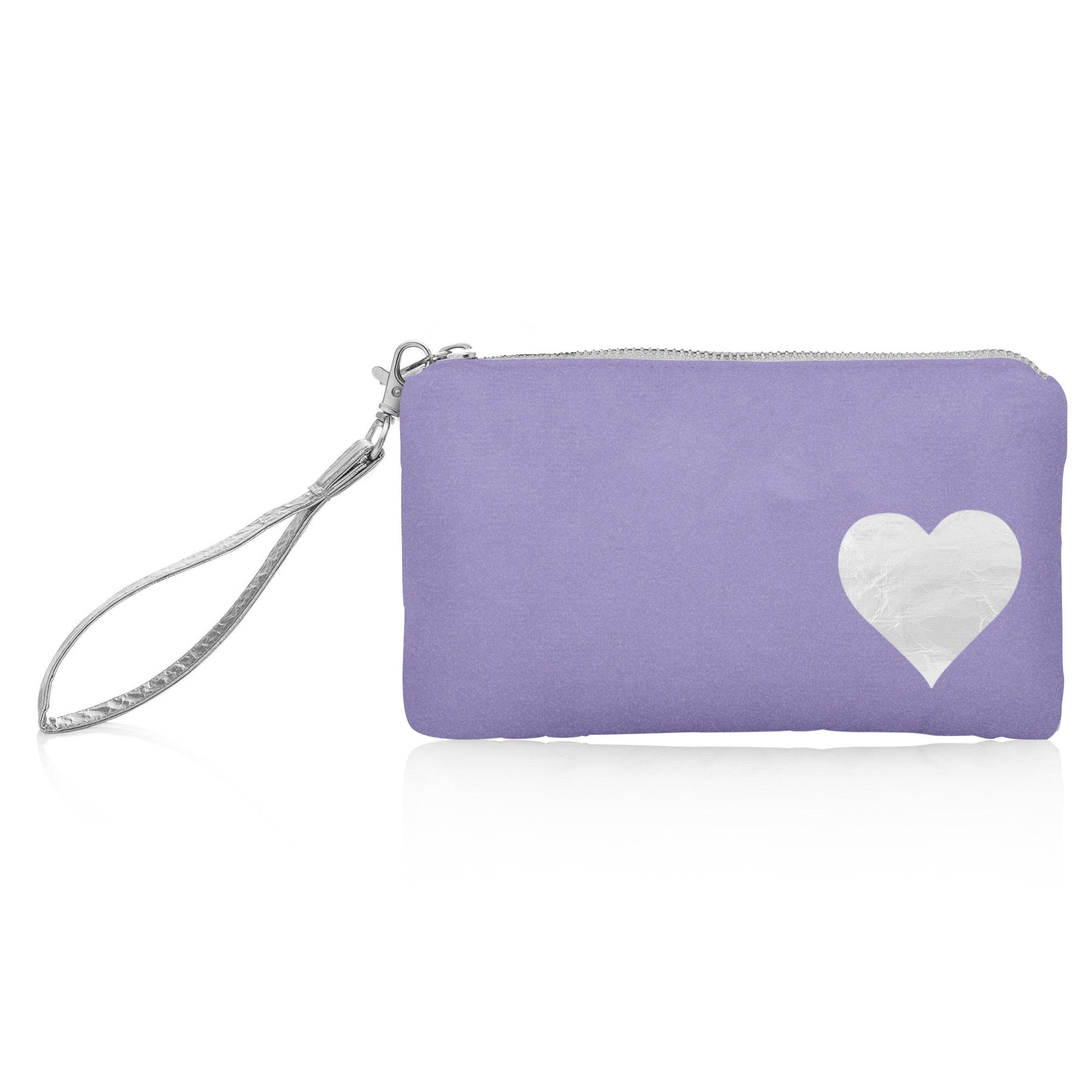 A shimmer purple wristlet wallet with a silver heart on it, featuring a detachable silver wrist strap on white background