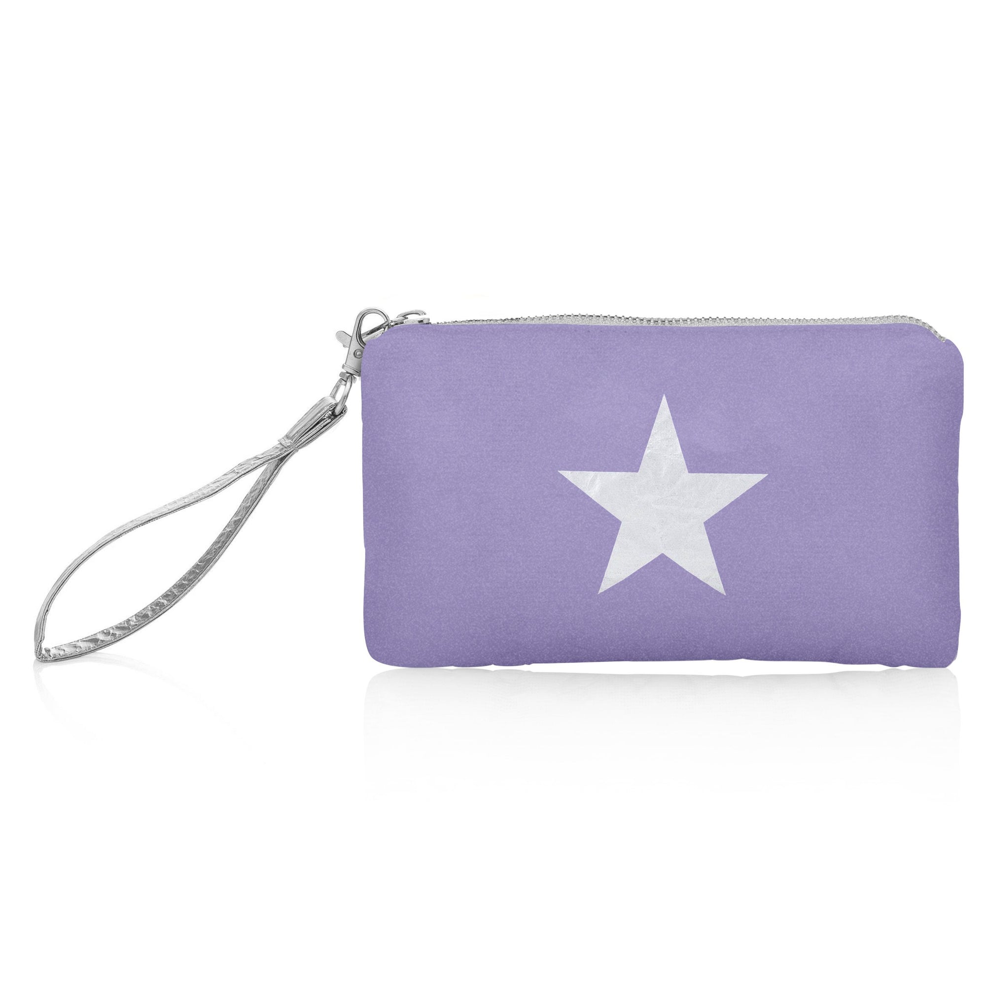 Zip wristlet in shimmer purple with silver star on white background