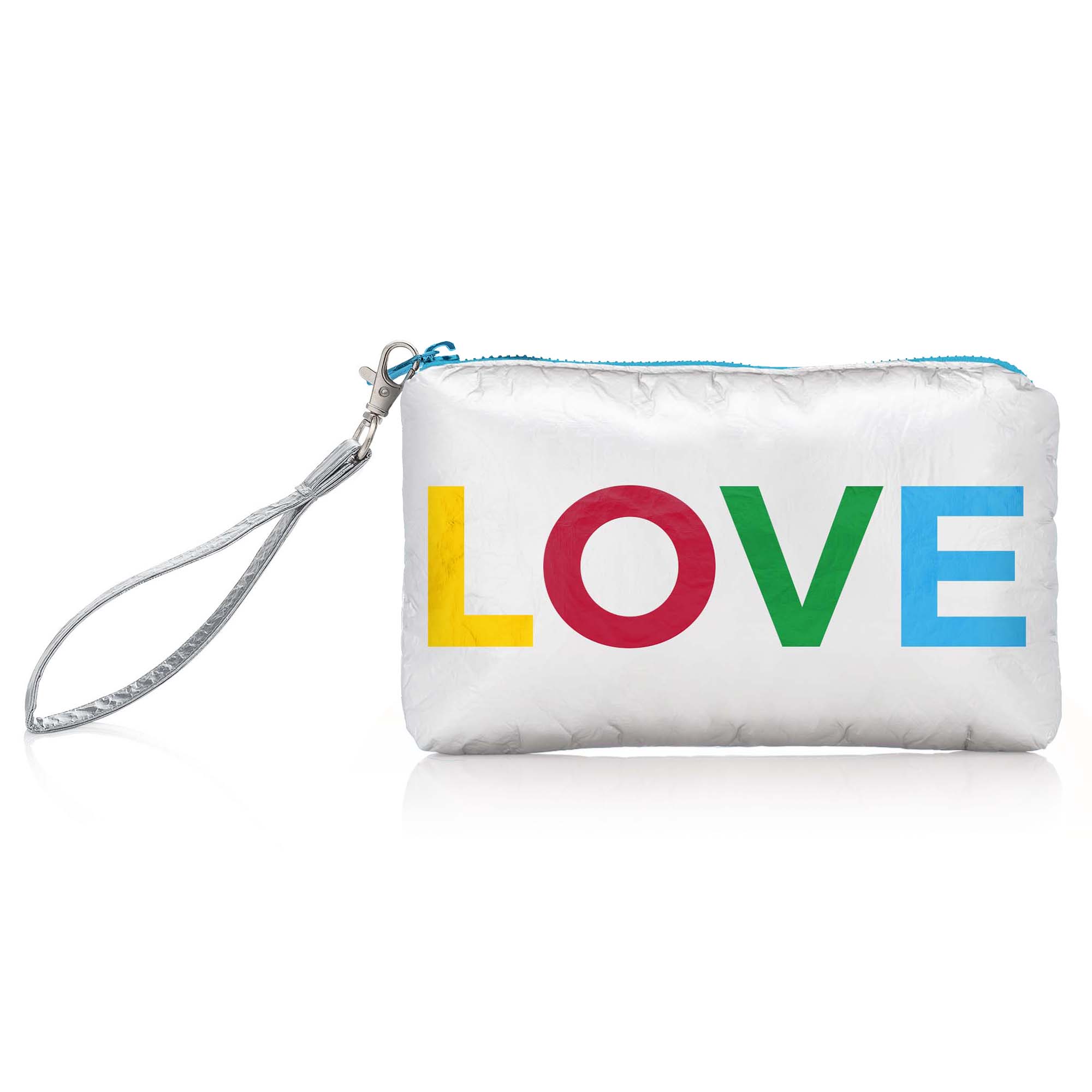 Zip Wristlet in White with Rainbow "LOVE"