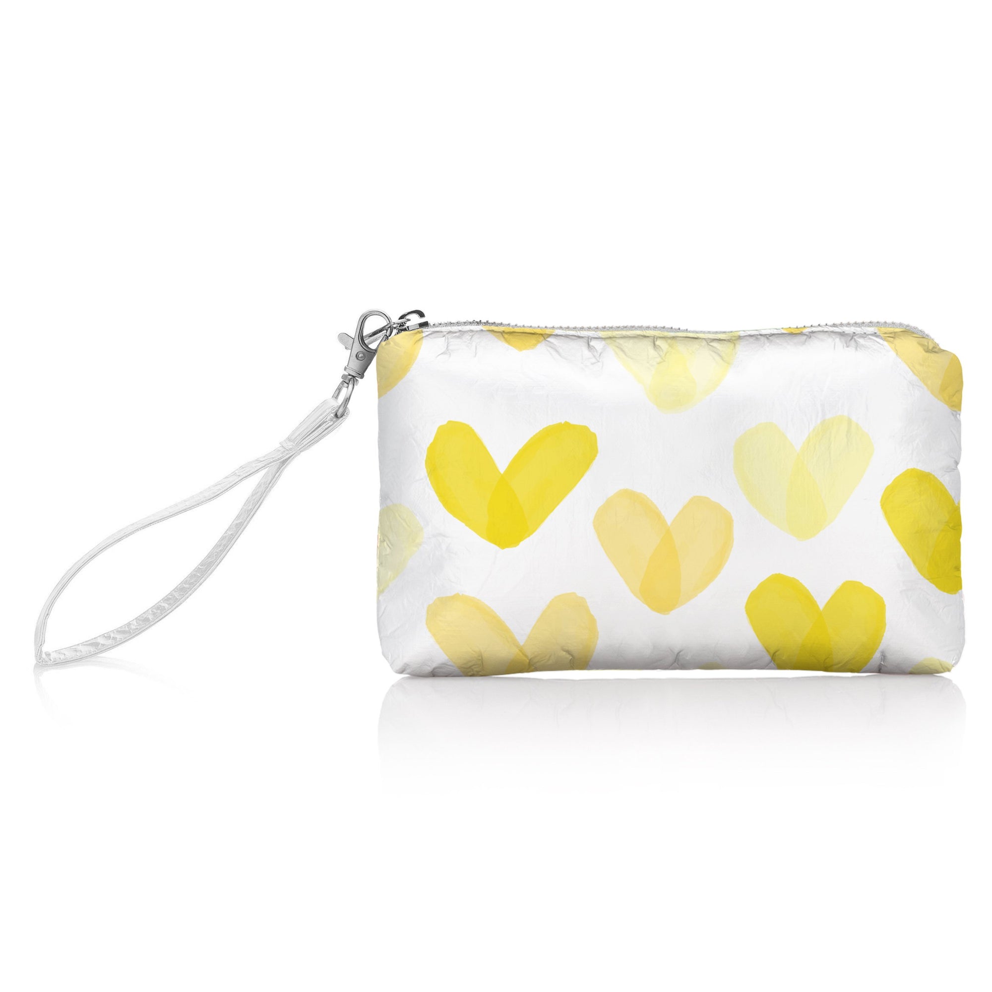 A wristlet wallet with a white background featuring a sunshine yellow heart print.