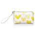 A wristlet wallet with a white background featuring a sunshine yellow heart print.