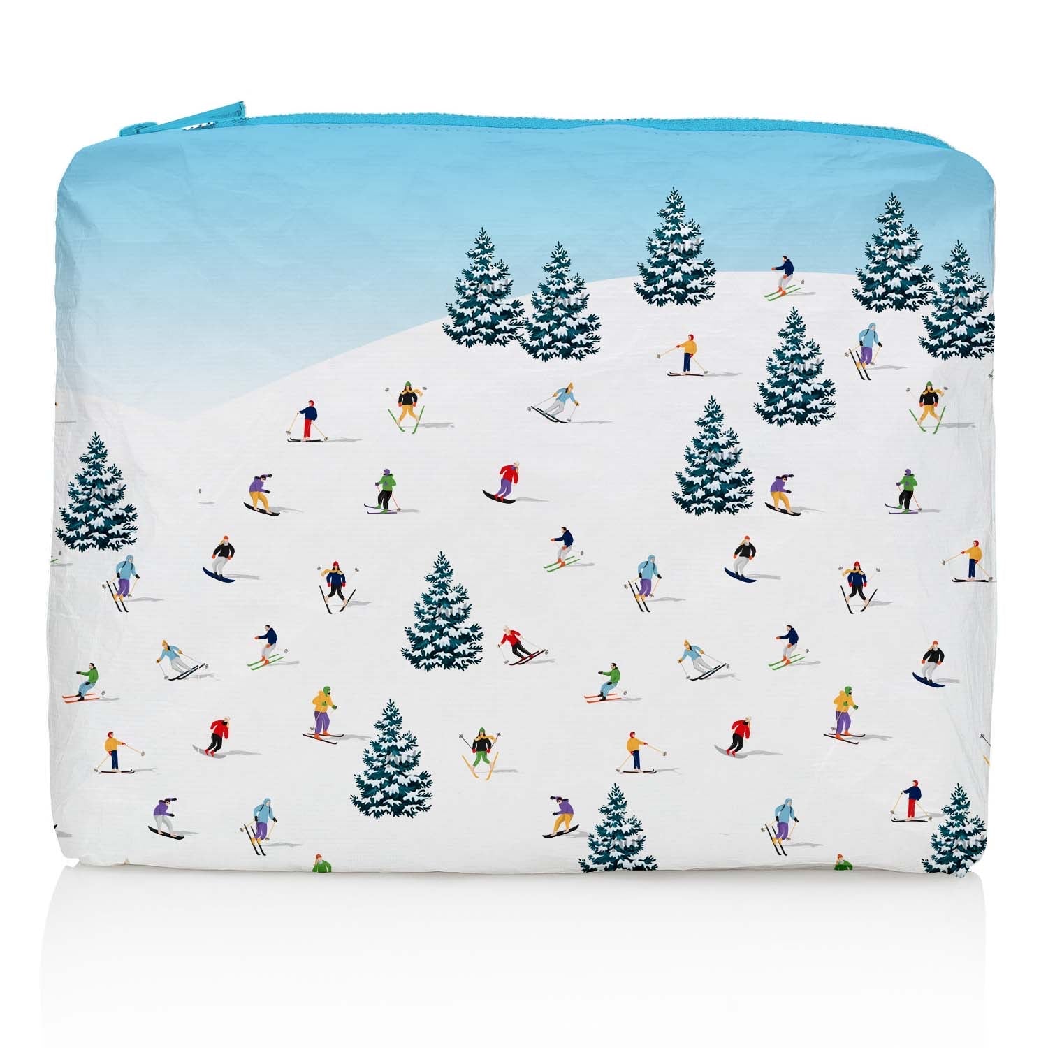 Medium zipper pouch with skiers and snowboarders skiing down a mountain with blue sky