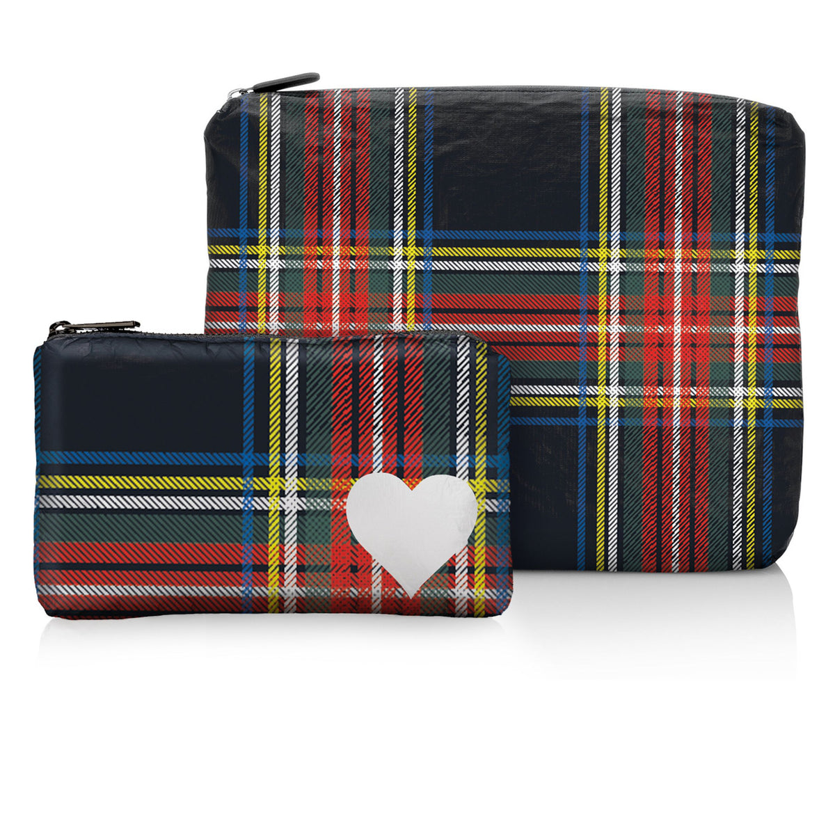 Set of two organizational packs in holiday plaid pattern on white background