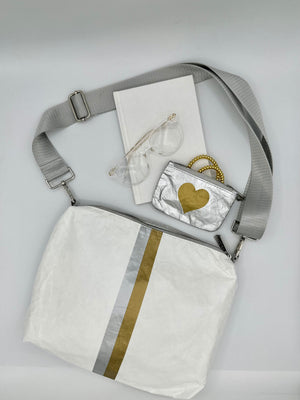 Pouch to Purse - Shimmer White with Gold & Silver Stripes